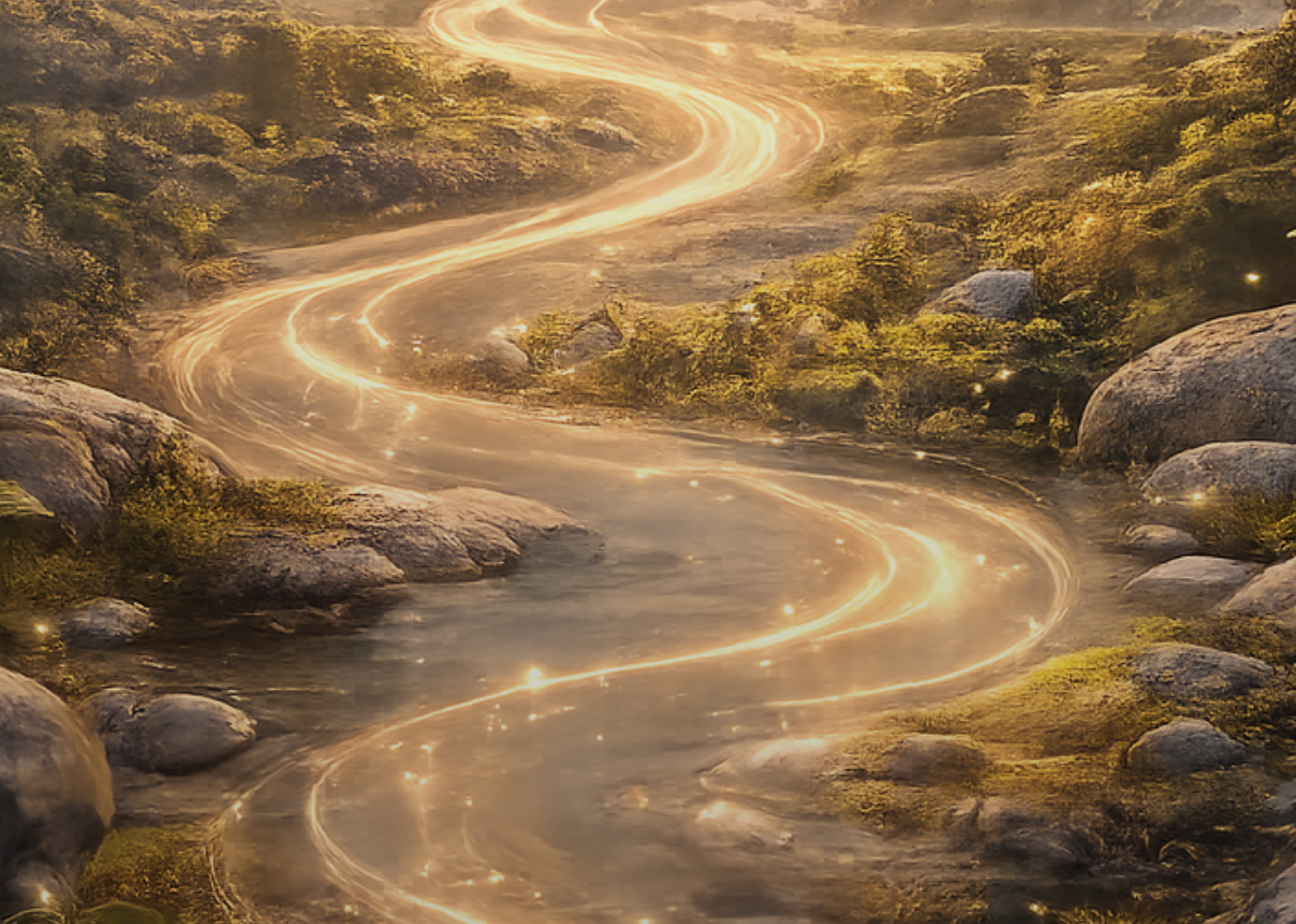 A glowing winding road through a sunlit valley at sunrise